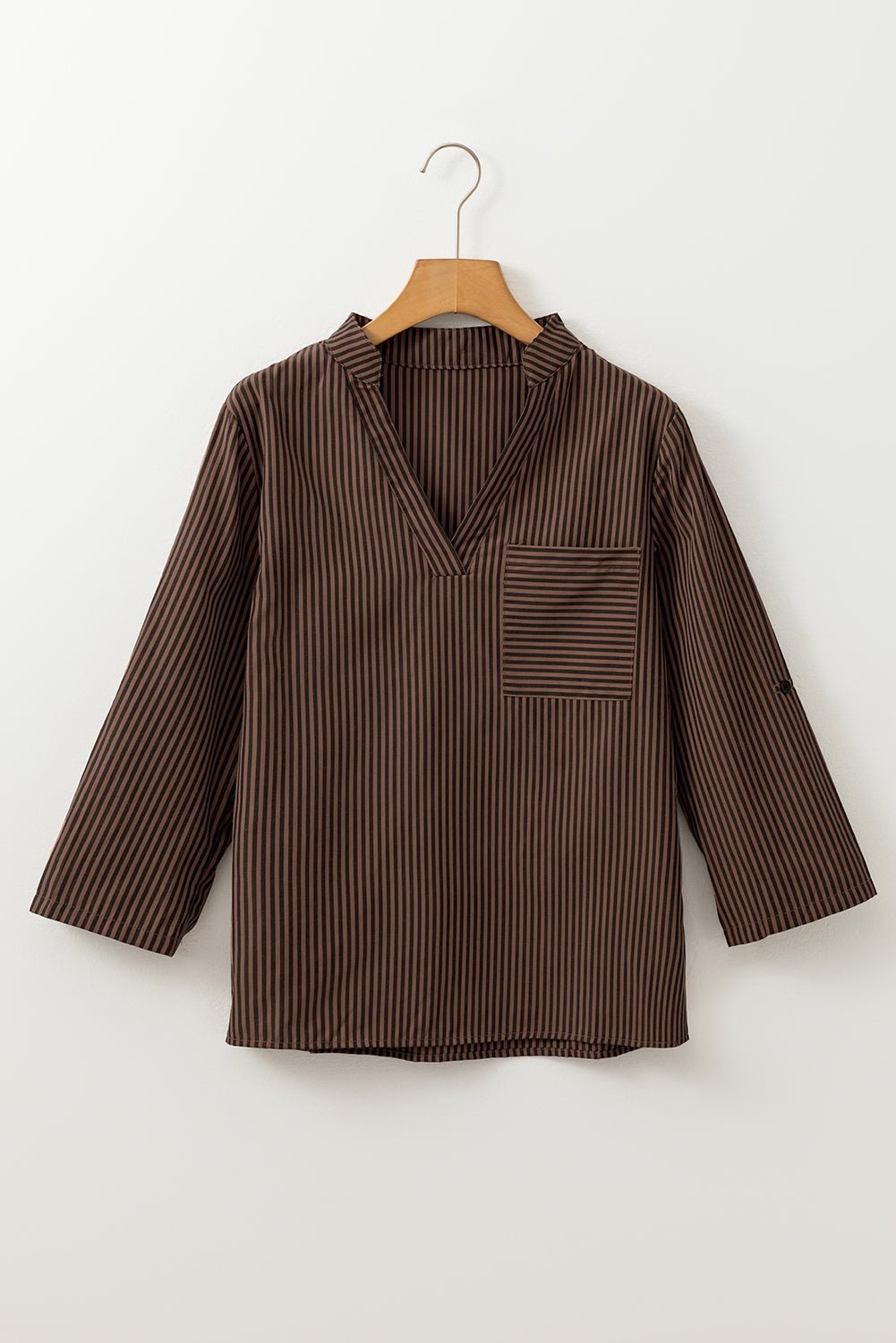 Crowned Energy CO. Brown Stripe / S / 59%Polyester+41%Cotton Dear-Lover Dropshipping Tops/Blouses & Shirts Brown Stripe V Neck Roll Up Sleeve Pocket Patched Classic Shirt