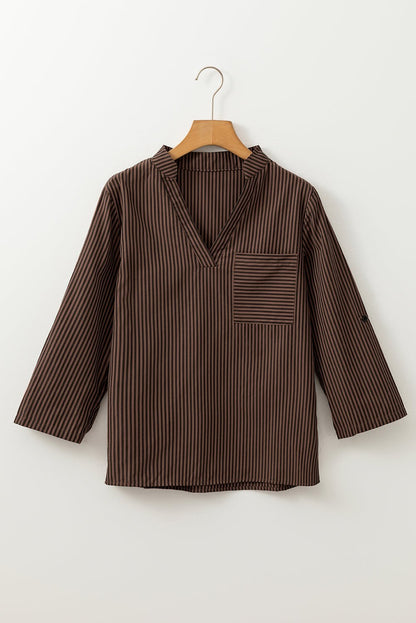 Brown Stripe V Neck Roll Up Sleeve Pocket Patched Classic Shirt - Goddess Vibes