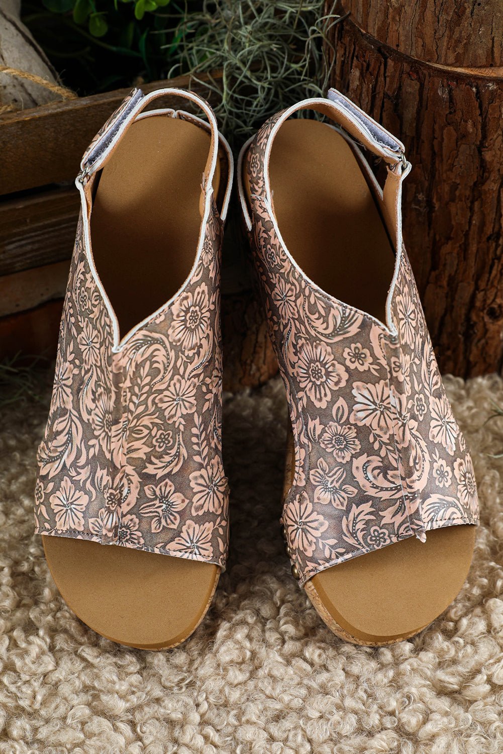 Brown Vintage Floral Leather Rivet Hollowed Platform Sandals - Crowned Energy CO.