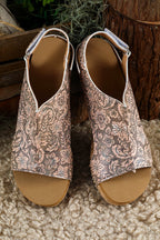 Brown Vintage Floral Leather Rivet Hollowed Platform Sandals - Crowned Energy CO.