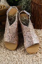 Brown Vintage Floral Leather Rivet Hollowed Platform Sandals - Crowned Energy CO.