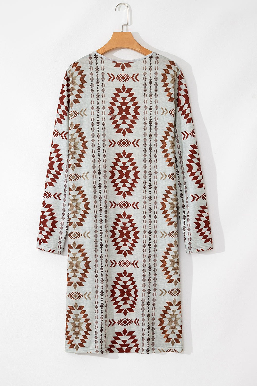 Brown Western Aztec Printed Open Front Long Cardigan - Crowned Energy CO.