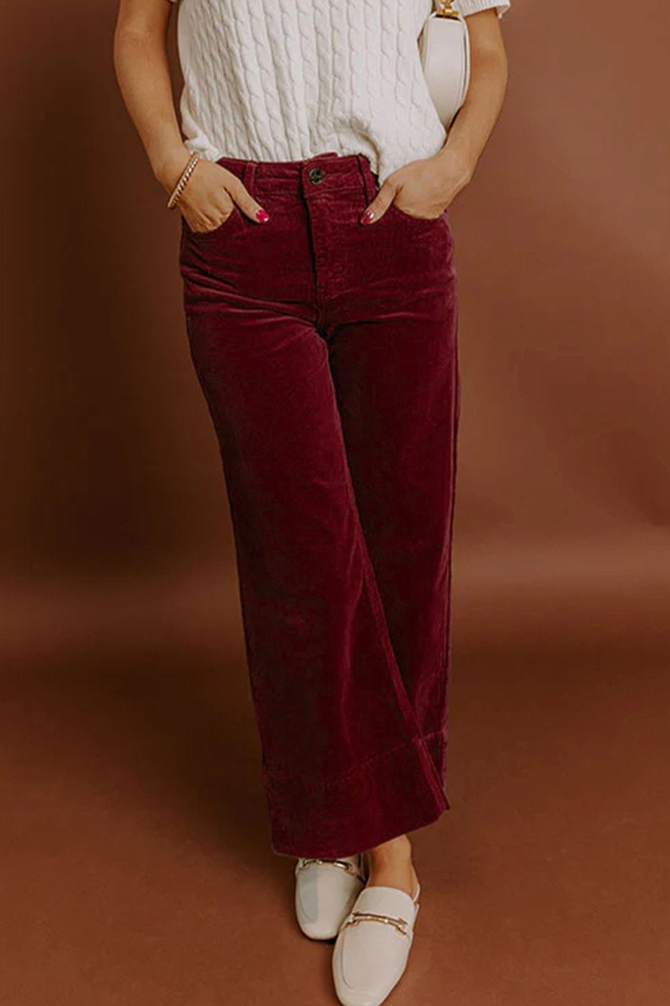 Burgundy Corduroy Solid Color High Waist Wide Leg Pants - Crowned Energy CO.