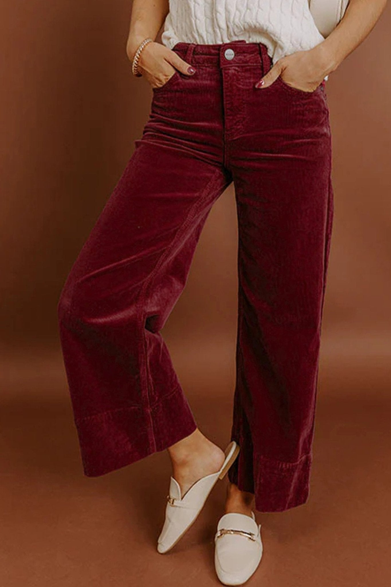 Burgundy Corduroy Solid Color High Waist Wide Leg Pants - Crowned Energy CO.