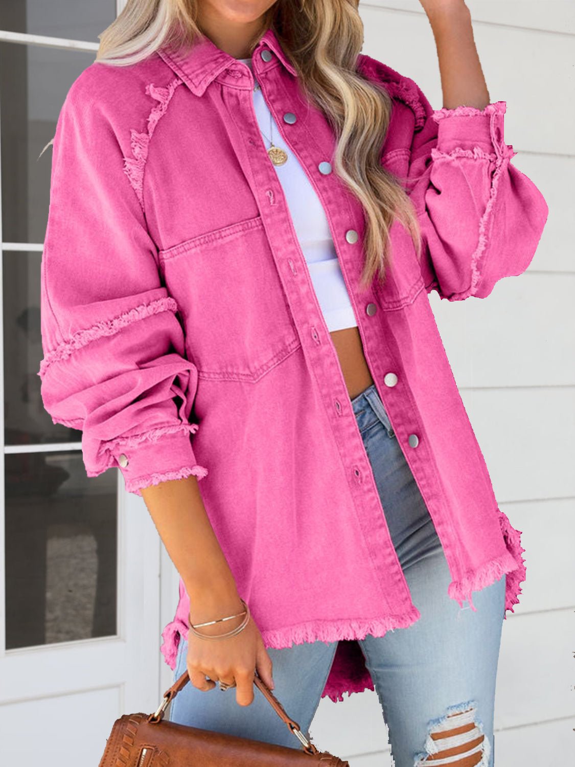 Button Down Raw Hem Denim Jacket - Crowned Energy CO.
