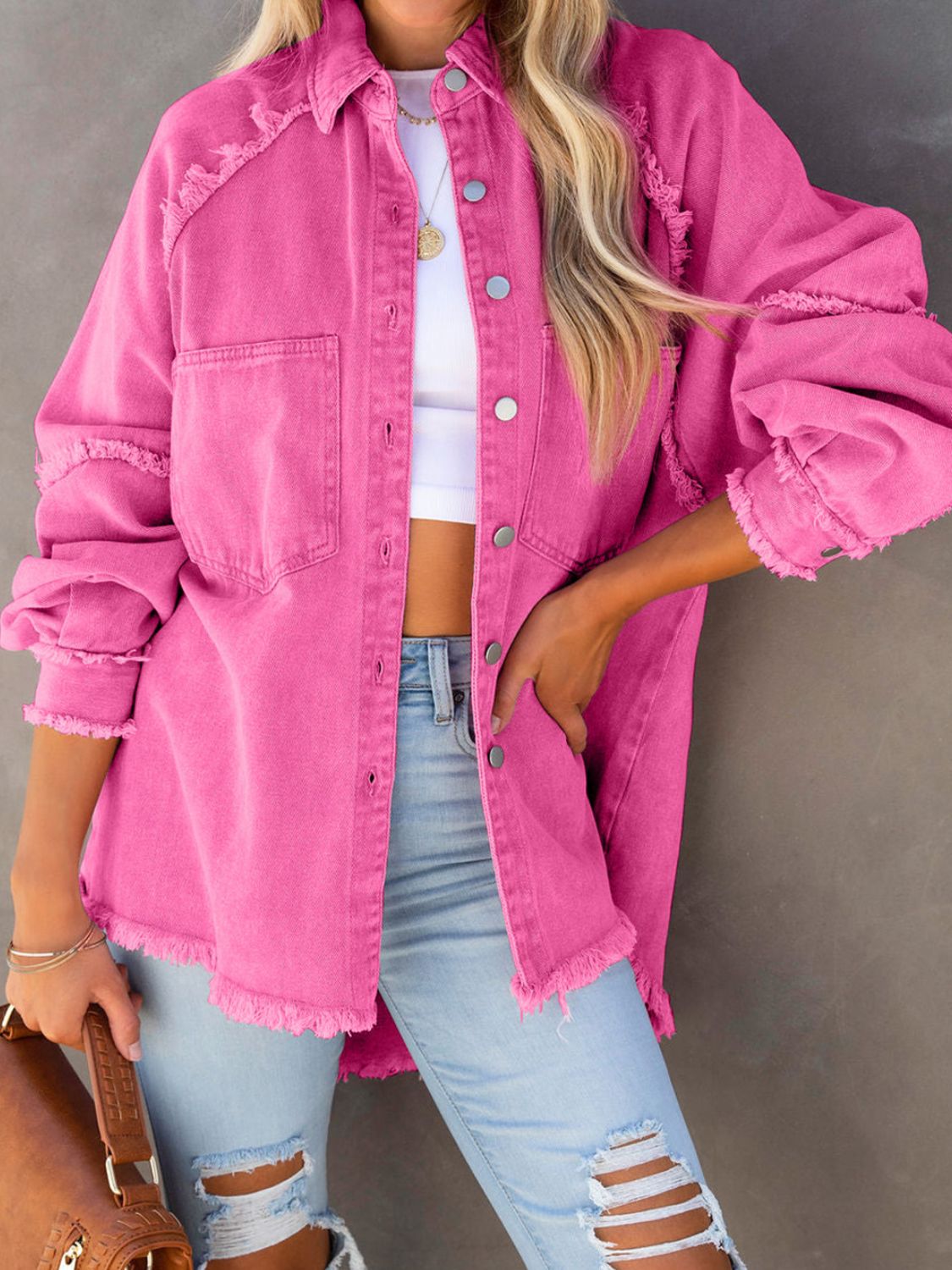 Button Down Raw Hem Denim Jacket - Crowned Energy CO.