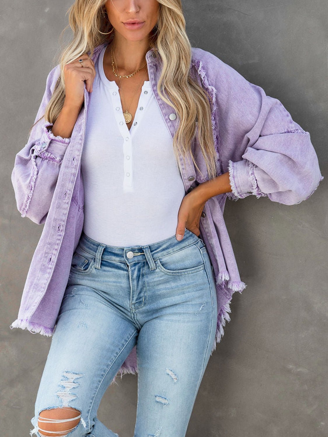 Button Down Raw Hem Denim Jacket - Crowned Energy CO.