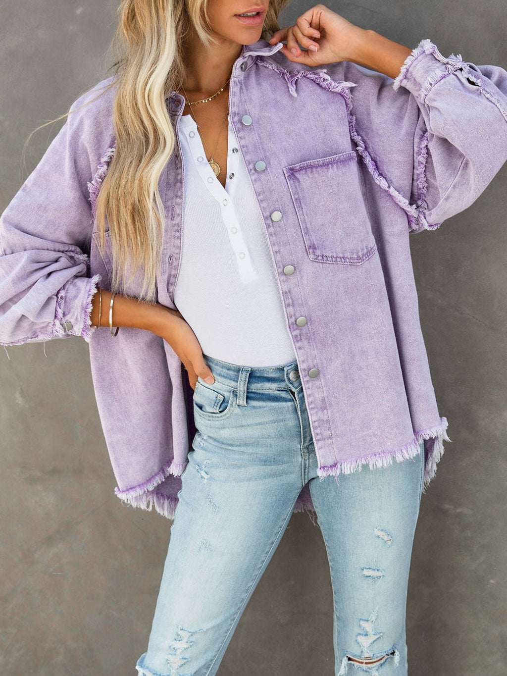 Button Down Raw Hem Denim Jacket - Crowned Energy CO.