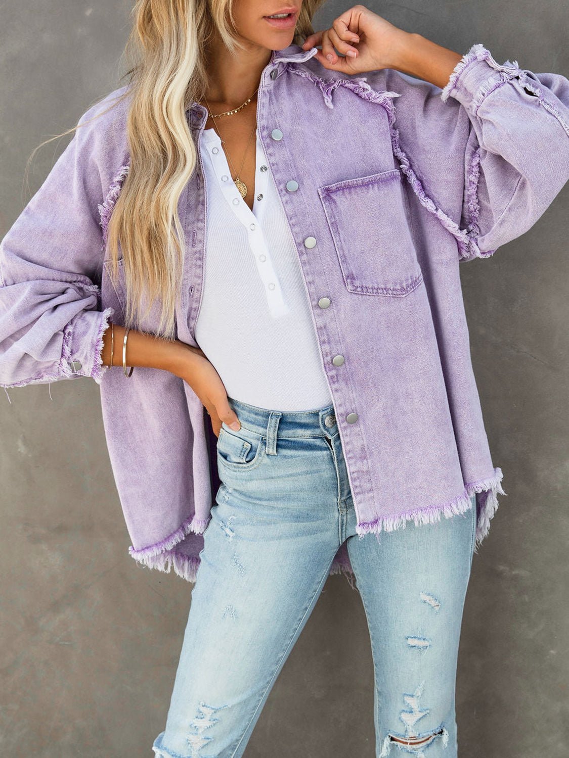 Button Down Raw Hem Denim Jacket - Crowned Energy CO.