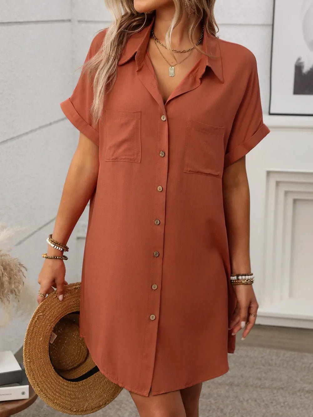 Button Down Short Sleeve Mini Dress - Crowned Energy CO.
