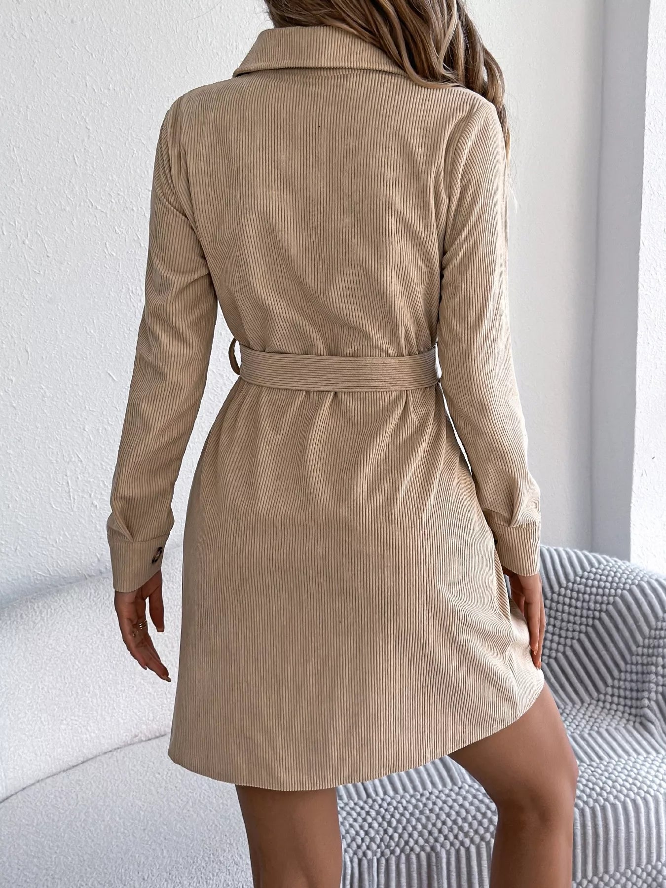 Crowned Energy CO. Burgundy / S Trendsi Dresses Button-Front Corduroy Shirt Dress