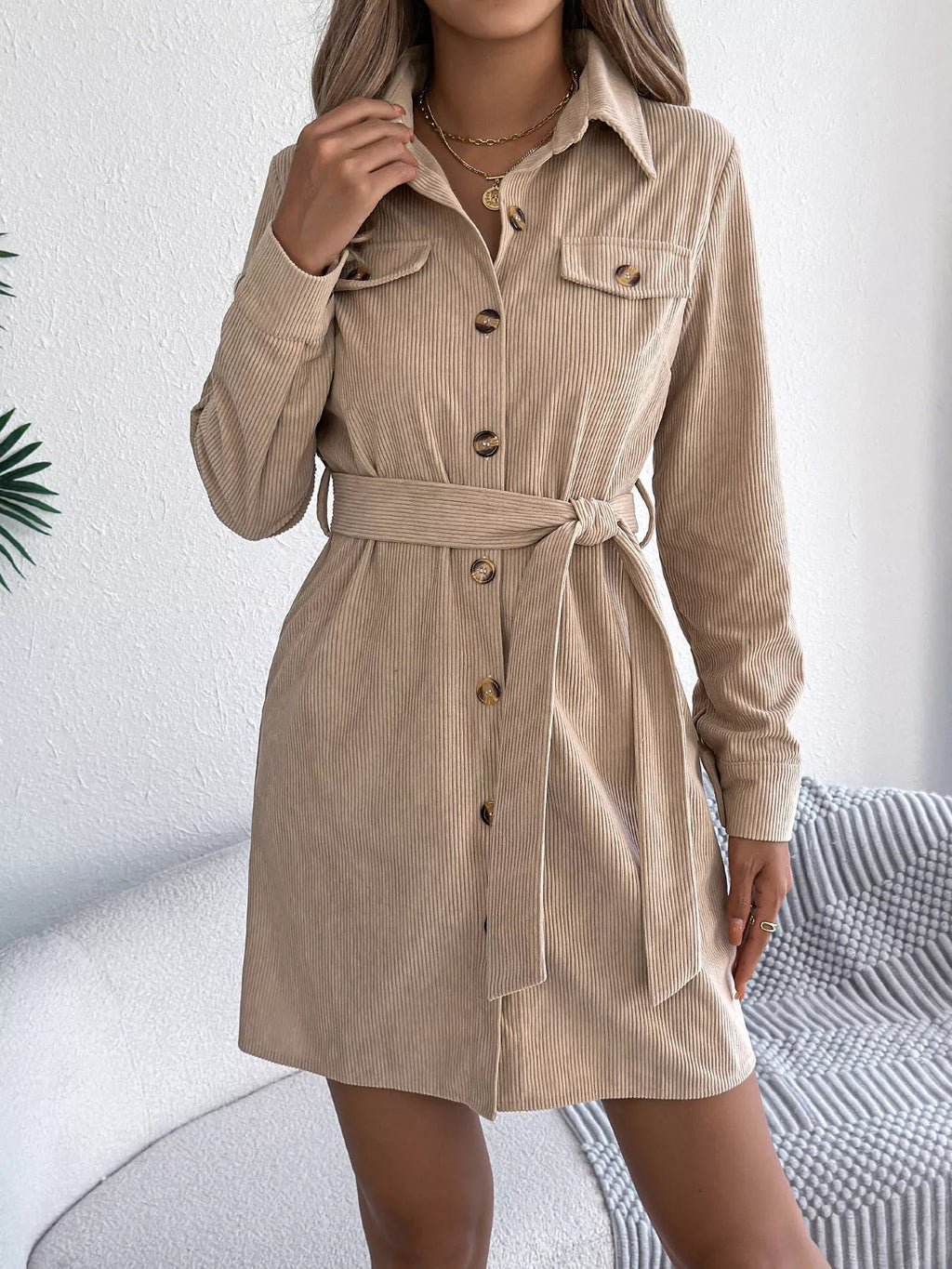 Crowned Energy CO. Burgundy / S Trendsi Dresses Button-Front Corduroy Shirt Dress