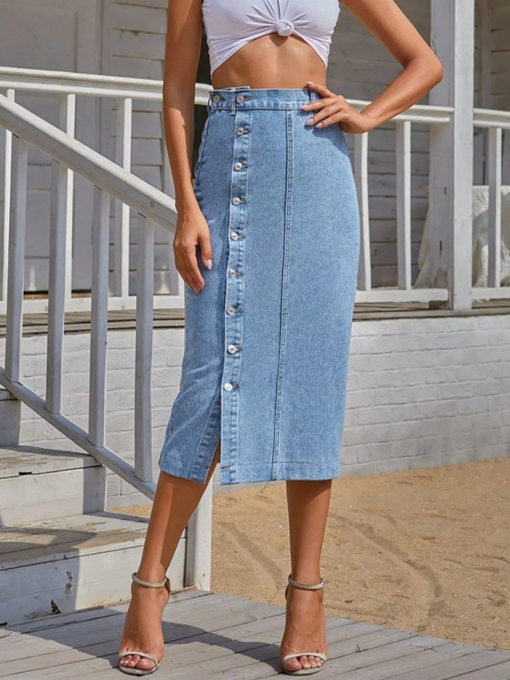 Button - Front Denim Skirt - Crowned Energy CO.