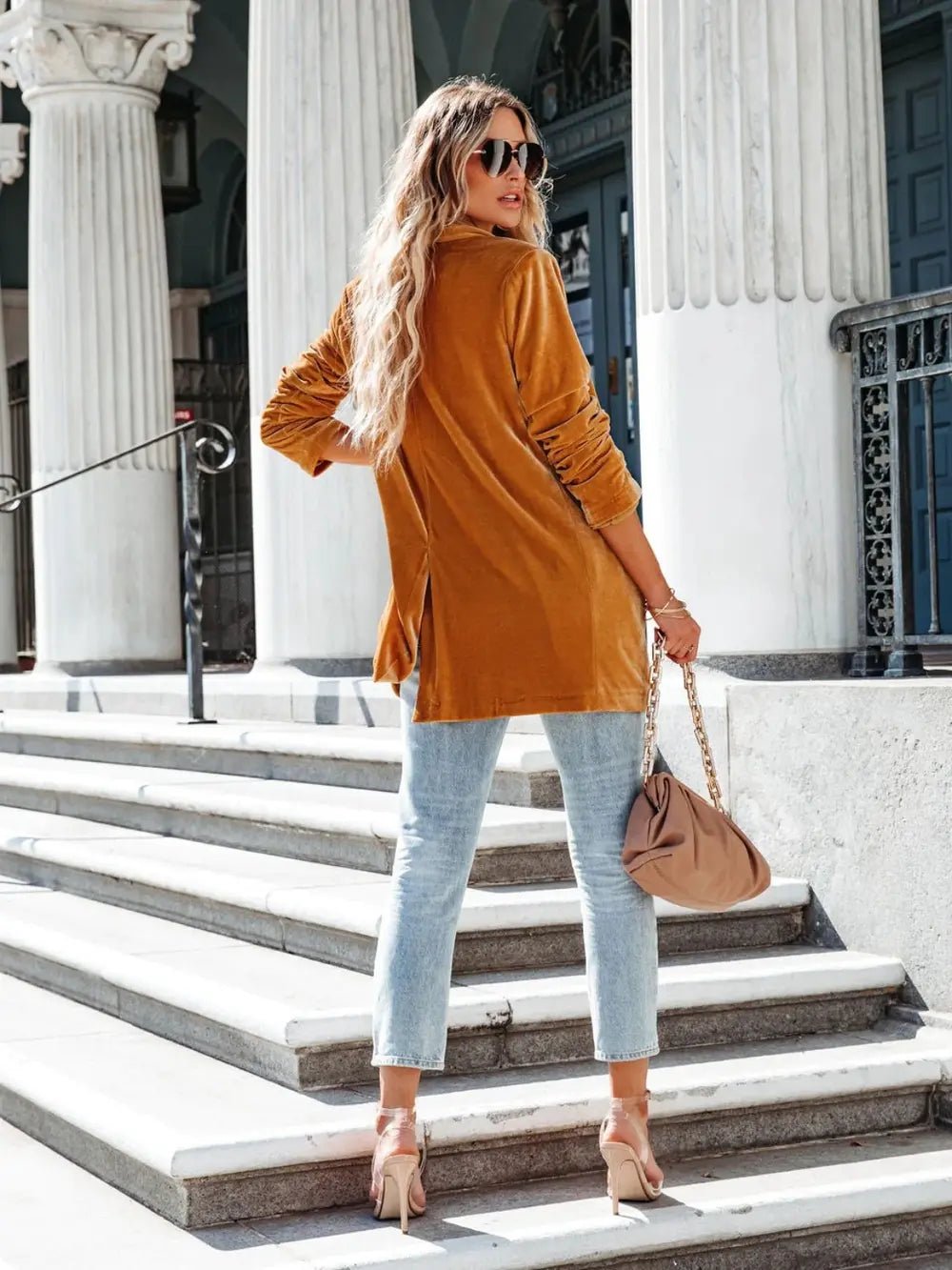 Button Up Long Sleeve Blazer with Pocket - Crowned Energy CO.
