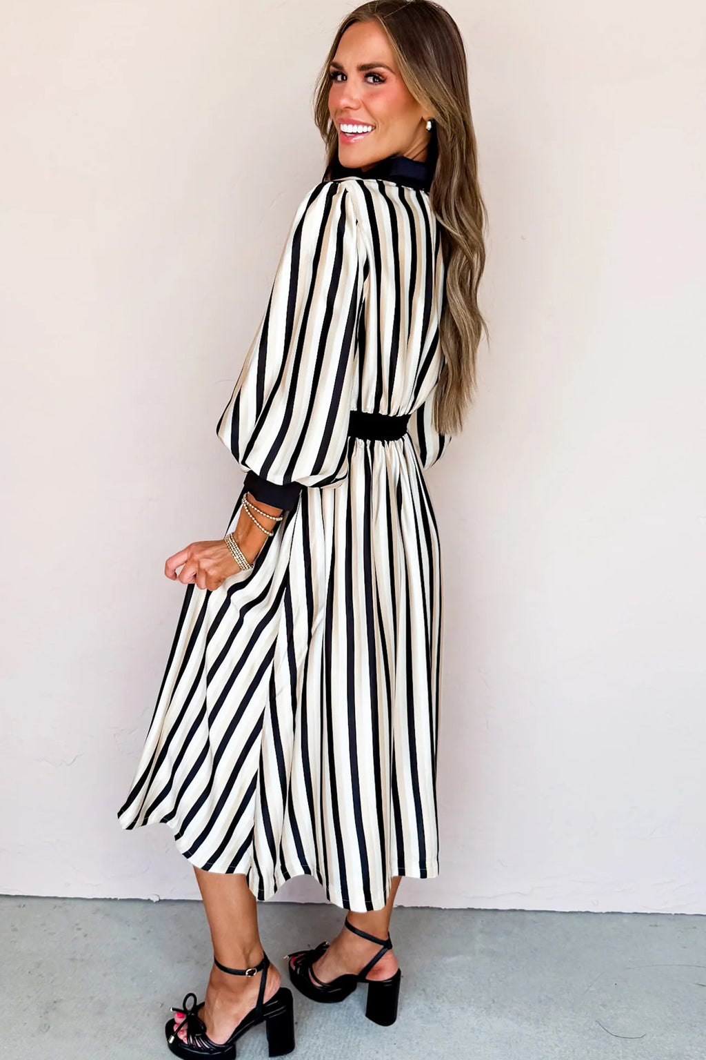 Black Stripe 3/4 Puff Sleeve Shirt Style Button Down Midi Dress
