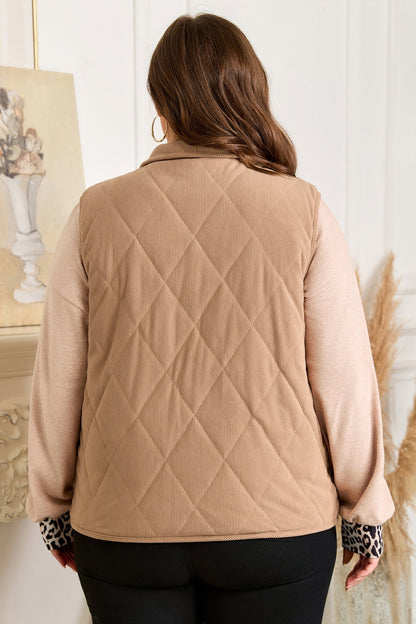 Camel Plus Size Quilted Cord Snap Button Vest Jacket - Crowned Energy CO.
