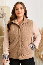 Camel Plus Size Quilted Cord Snap Button Vest Jacket - Crowned Energy CO.