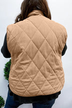 Camel Plus Size Quilted Cord Snap Button Vest Jacket - Goddess Vibes