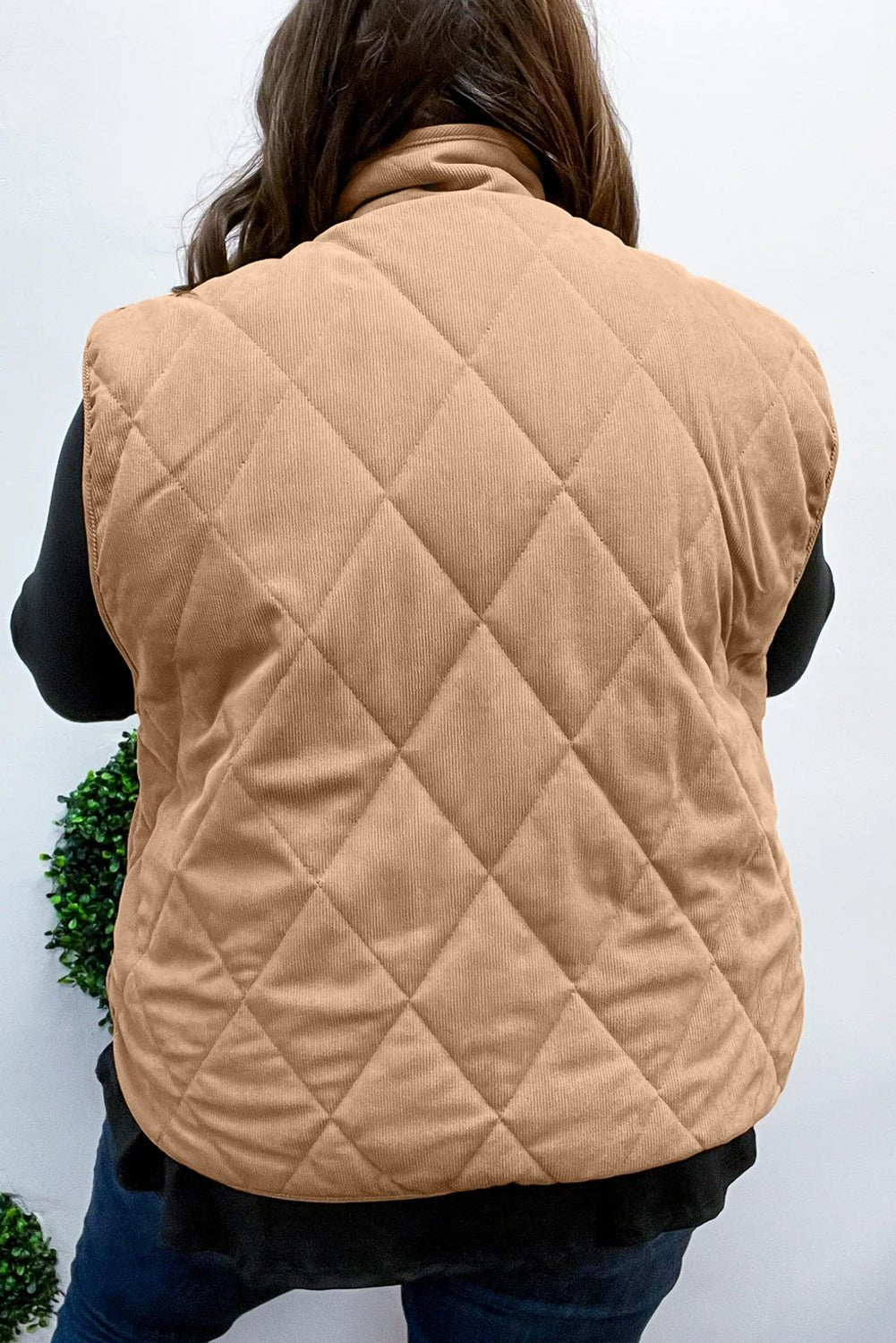 Camel Plus Size Quilted Cord Snap Button Vest Jacket - Goddess Vibes