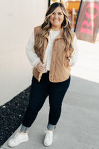 Camel Plus Size Quilted Cord Snap Button Vest Jacket - Goddess Vibes