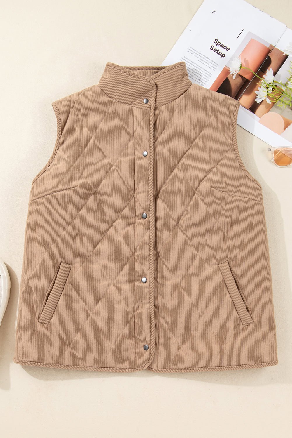 Camel Plus Size Quilted Cord Snap Button Vest Jacket - Goddess Vibes