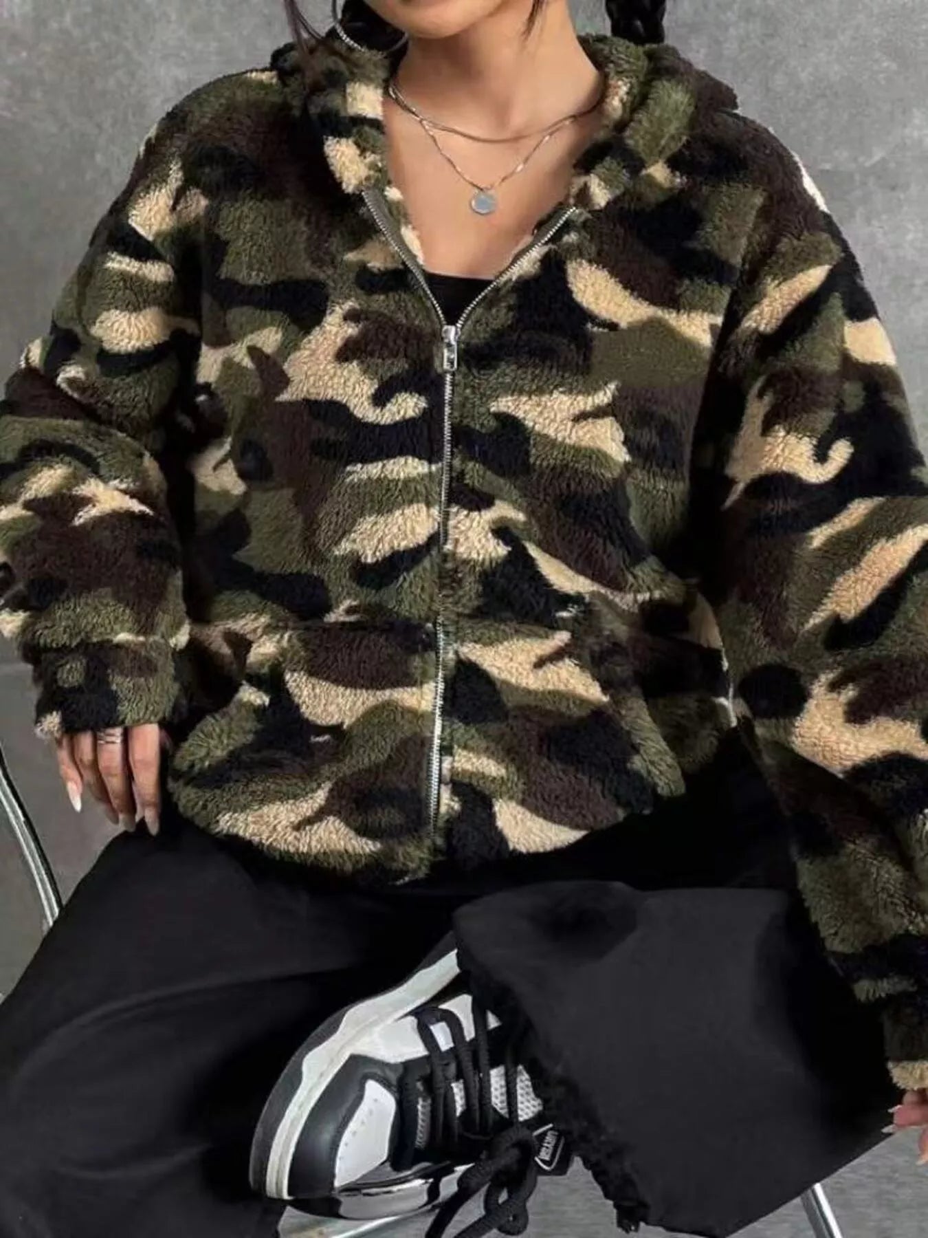 Camo Print Fuzzy Zip Up Outerwear - Crowned Energy CO.