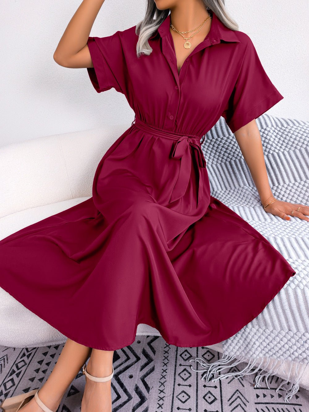 Casual Collared Tie - Waist Midi Shirt Dress - Crowned Energy CO.