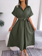 Casual Collared Tie - Waist Midi Shirt Dress - Crowned Energy CO.