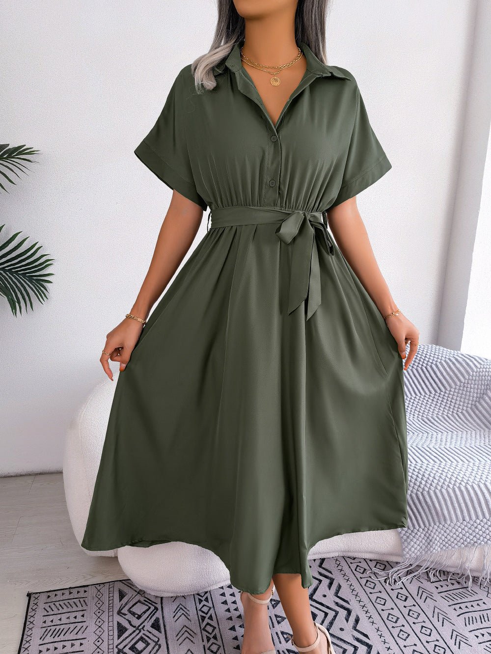 Casual Collared Tie - Waist Midi Shirt Dress - Crowned Energy CO.
