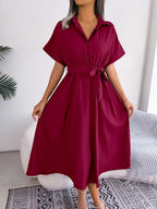 Casual Collared Tie - Waist Midi Shirt Dress - Crowned Energy CO.