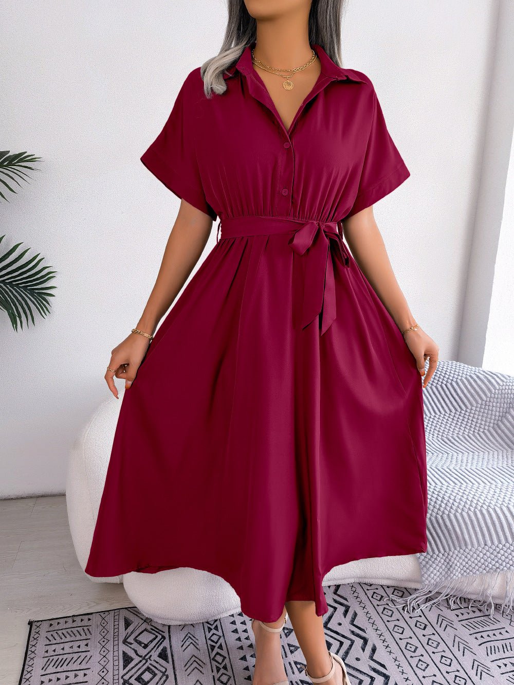 Casual Collared Tie - Waist Midi Shirt Dress - Crowned Energy CO.