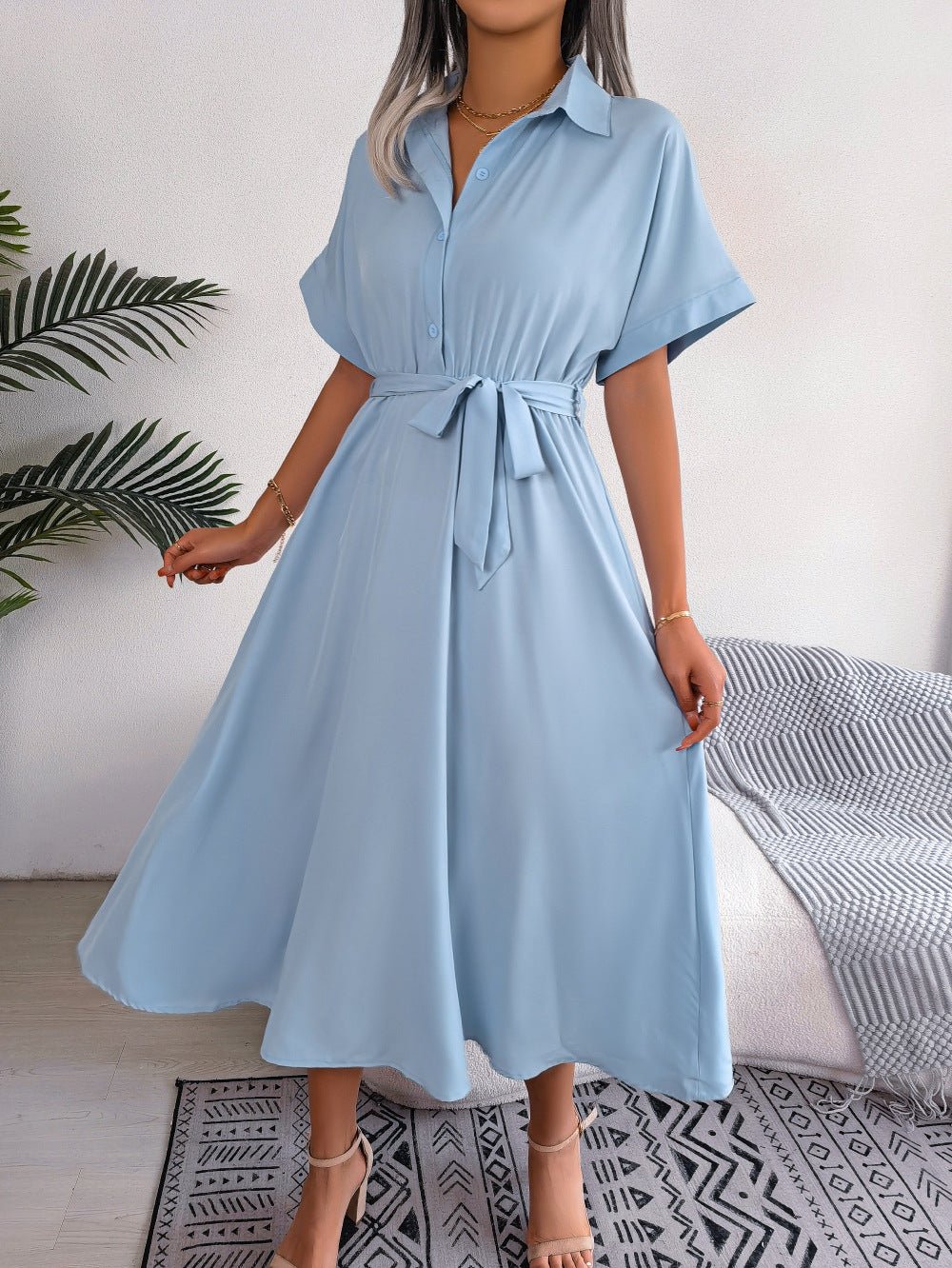 Casual Collared Tie - Waist Midi Shirt Dress - Crowned Energy CO.