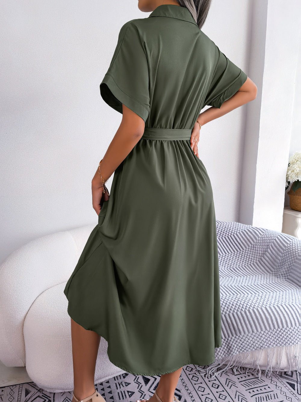 Casual Collared Tie - Waist Midi Shirt Dress - Crowned Energy CO.