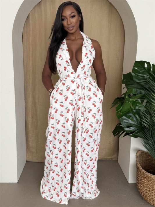 Cherry Print Halter Wide - leg Jumpsuit - Goddess Vibes
