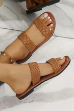 Chestnut Braided Double Band Leathered Flat Slippers - Goddess Vibes