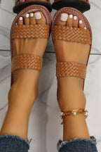 Chestnut Braided Double Band Leathered Flat Slippers - Goddess Vibes