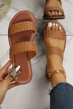 Chestnut Braided Double Band Leathered Flat Slippers - Goddess Vibes