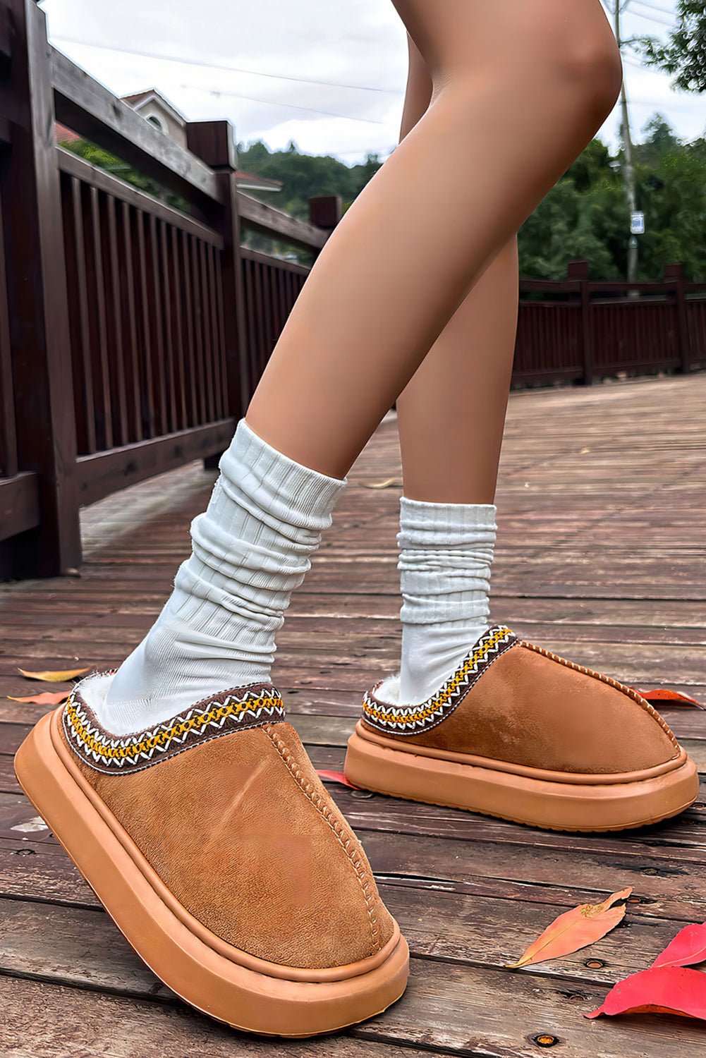 Chestnut Contrast Edge Suede Plush Lined Thick Sole Winter Slippers - Goddess Vibes