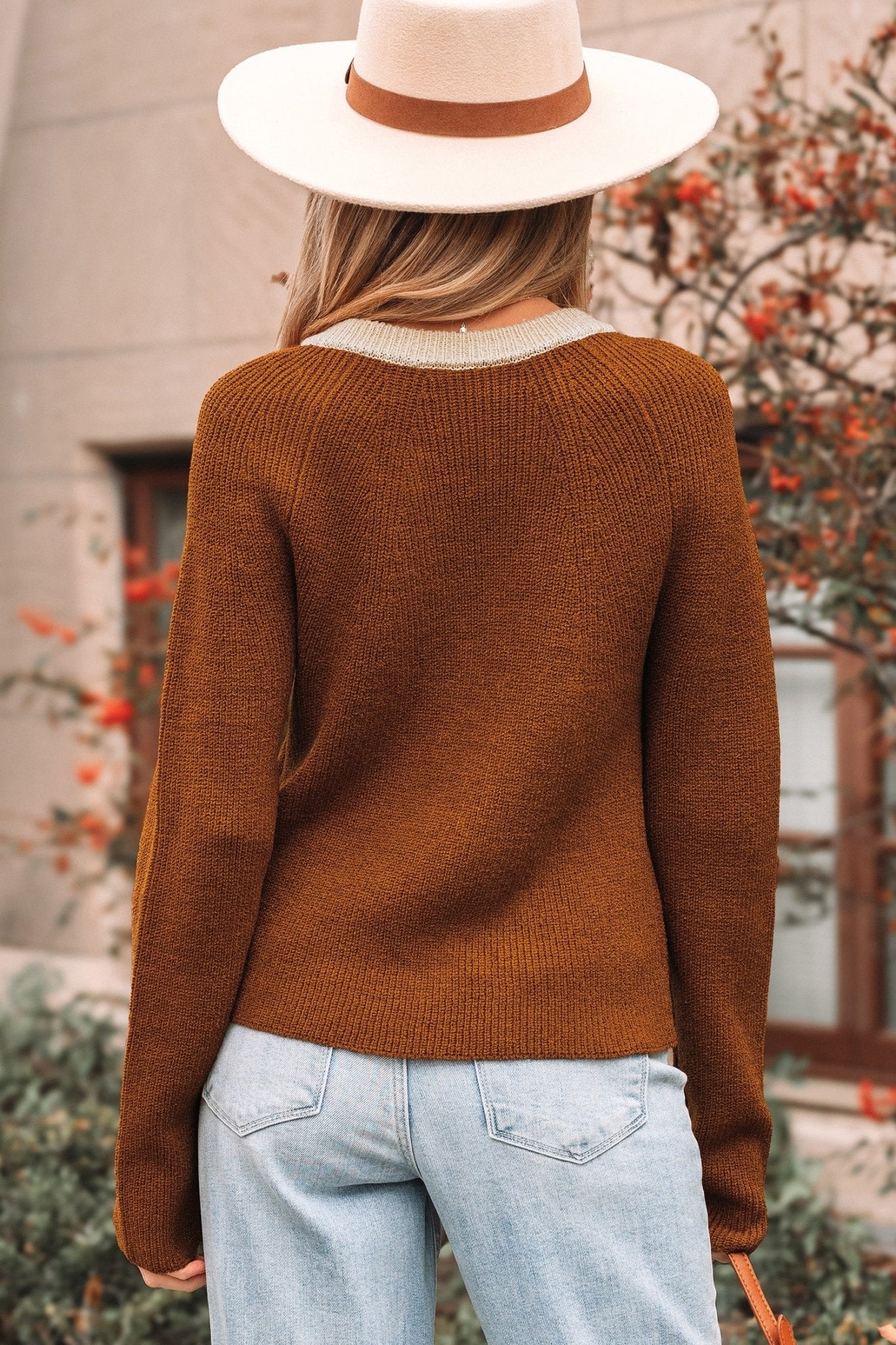 Crowned Energy CO. Chestnut / S / 100%Acrylic Dear-Lover Dropshipping Sweaters & Cardigans/Cardigans Chestnut Contrast Knit V Neckline Short Cardigan