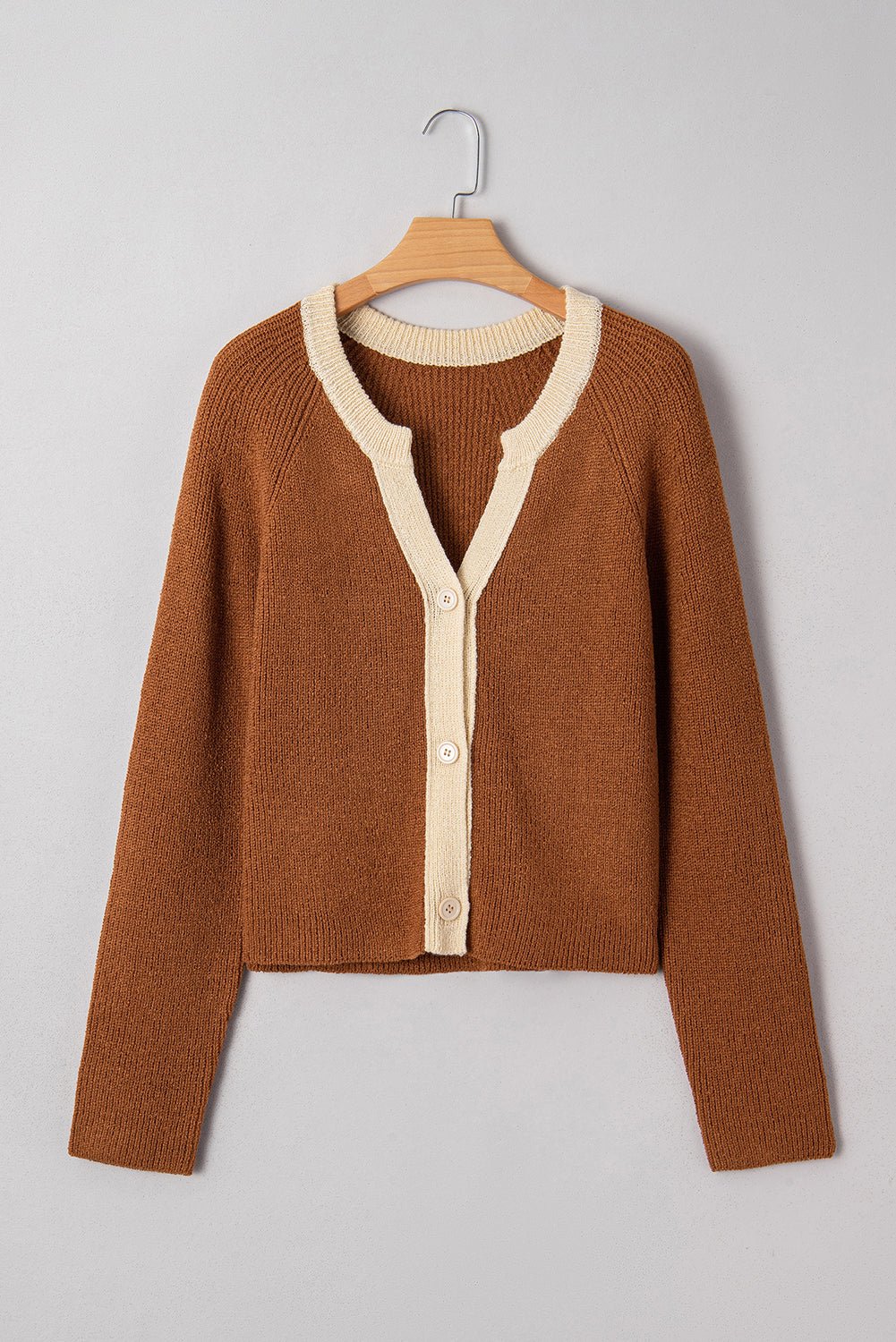 Crowned Energy CO. Chestnut / S / 100%Acrylic Dear-Lover Dropshipping Sweaters & Cardigans/Cardigans Chestnut Contrast Knit V Neckline Short Cardigan