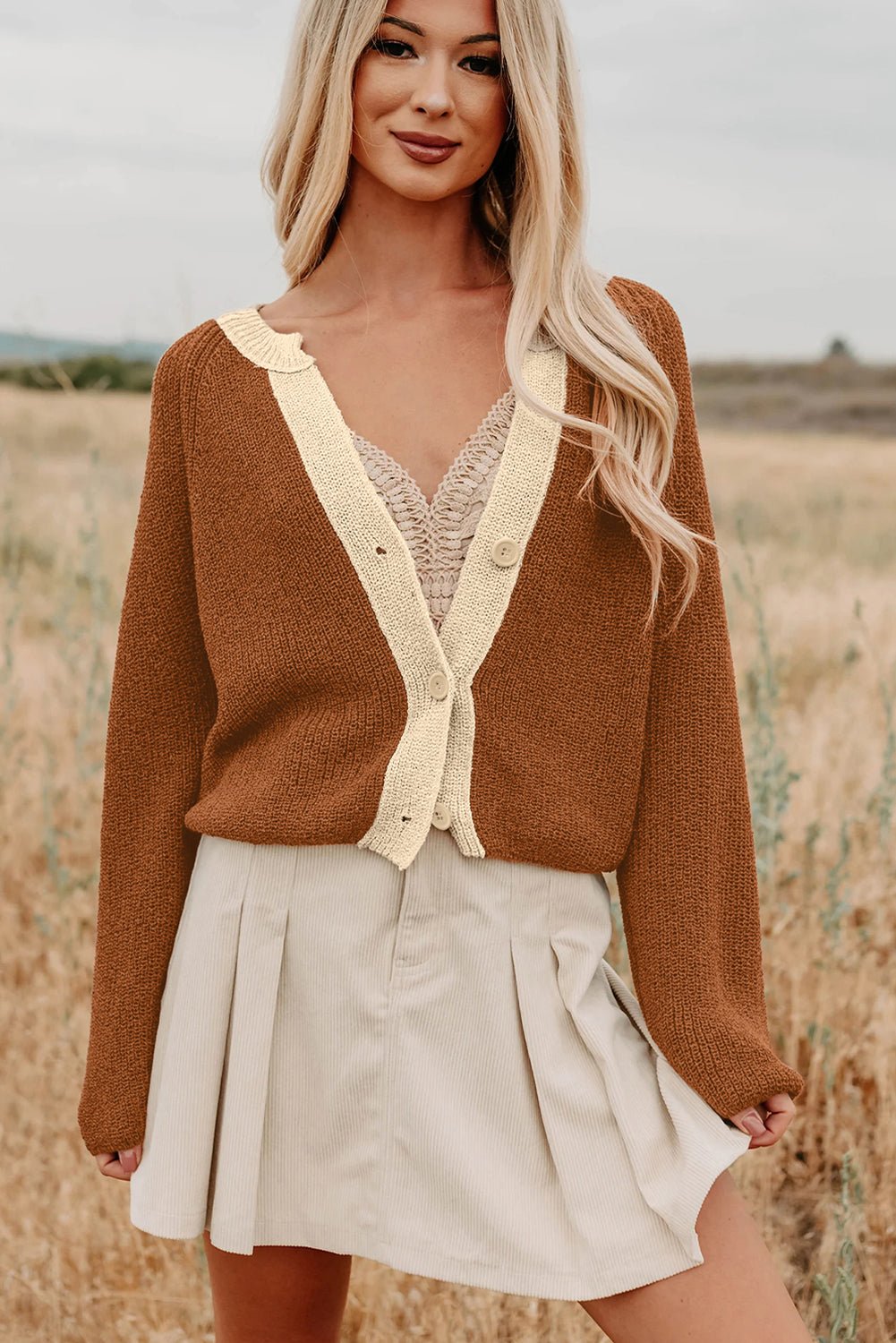 Crowned Energy CO. Chestnut / S / 100%Acrylic Dear-Lover Dropshipping Sweaters & Cardigans/Cardigans Chestnut Contrast Knit V Neckline Short Cardigan