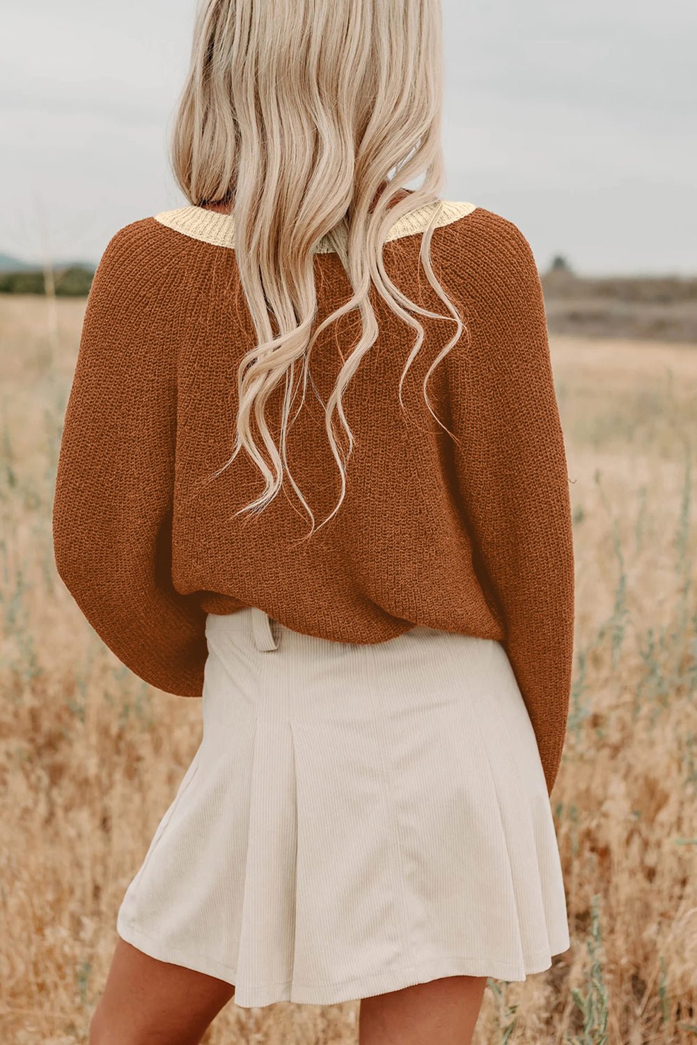 Crowned Energy CO. Chestnut / S / 100%Acrylic Dear-Lover Dropshipping Sweaters & Cardigans/Cardigans Chestnut Contrast Knit V Neckline Short Cardigan