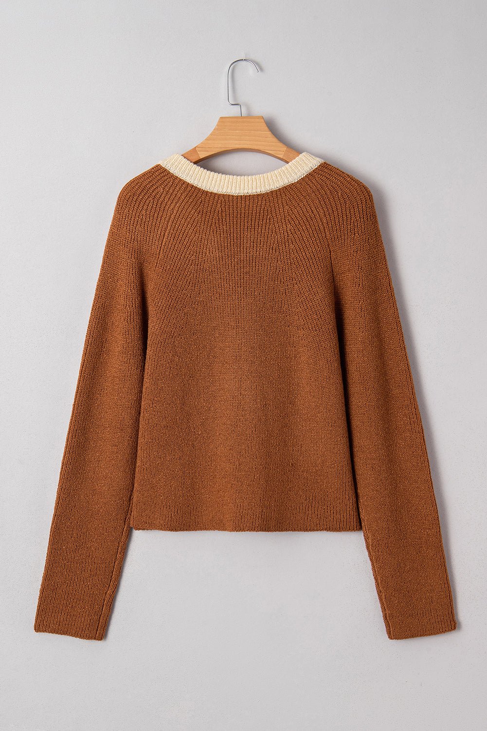 Crowned Energy CO. Chestnut / S / 100%Acrylic Dear-Lover Dropshipping Sweaters & Cardigans/Cardigans Chestnut Contrast Knit V Neckline Short Cardigan