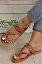 Chestnut Cross Toe Metal Buckle Leathered Flat Slippers - Goddess Vibes