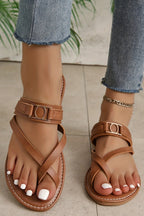 Chestnut Cross Toe Metal Buckle Leathered Flat Slippers - Goddess Vibes