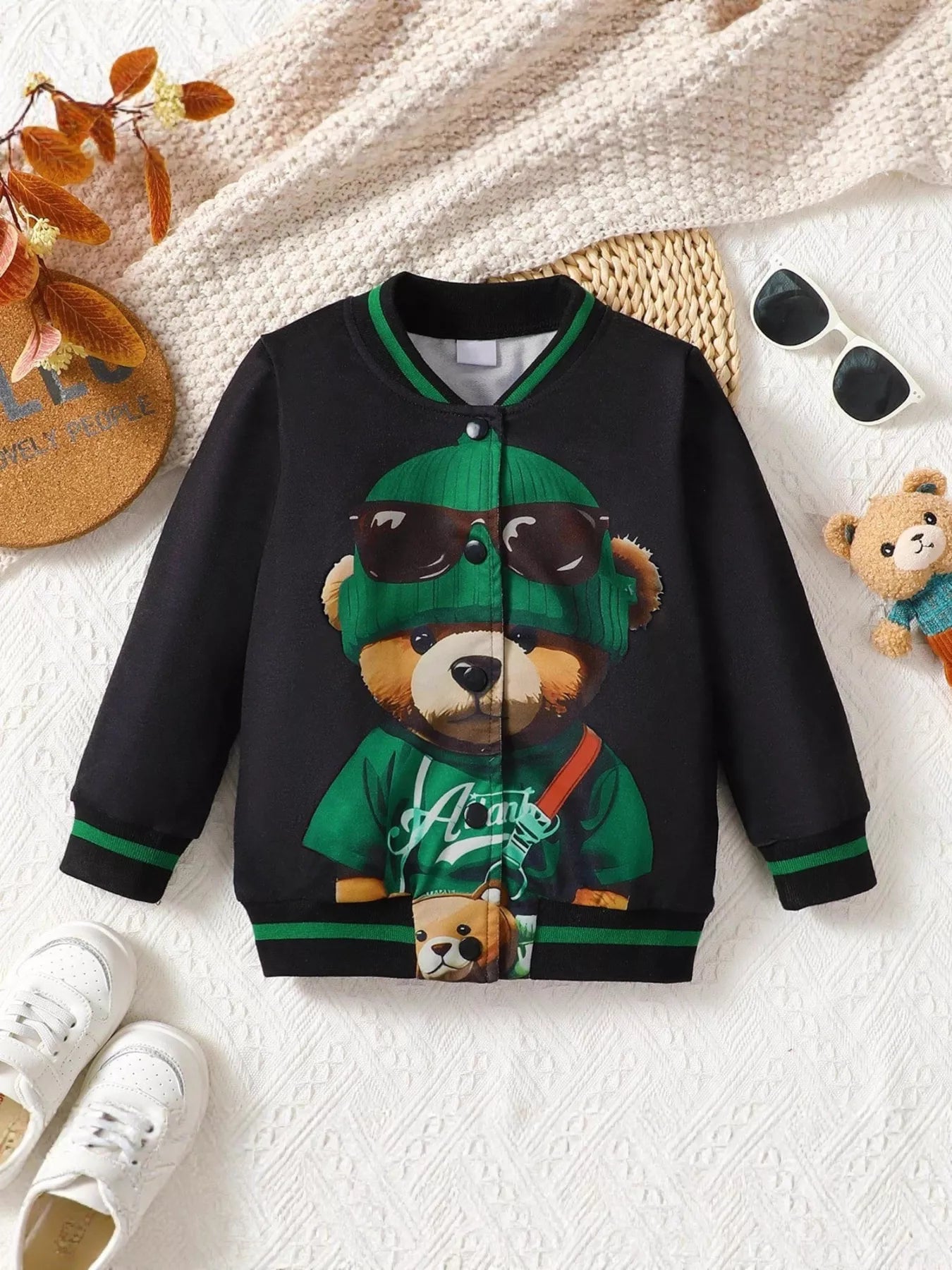 Children's Cartoon Bear Graphic Baseball Jacket - Crowned Energy CO.