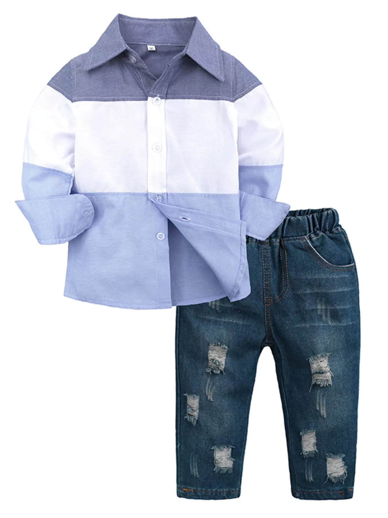 Children's Color Block Shirt & Ripped Jeans Set - Crowned Energy CO.