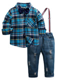 Children's Plaid Shirt & Distressed Jeans with Suspenders Set - Crowned Energy CO.
