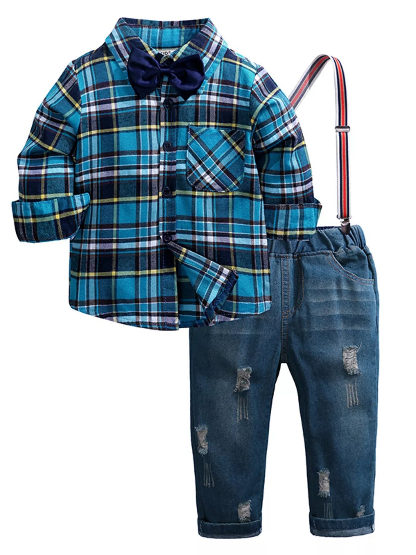 Children's Plaid Shirt & Distressed Jeans with Suspenders Set - Crowned Energy CO.