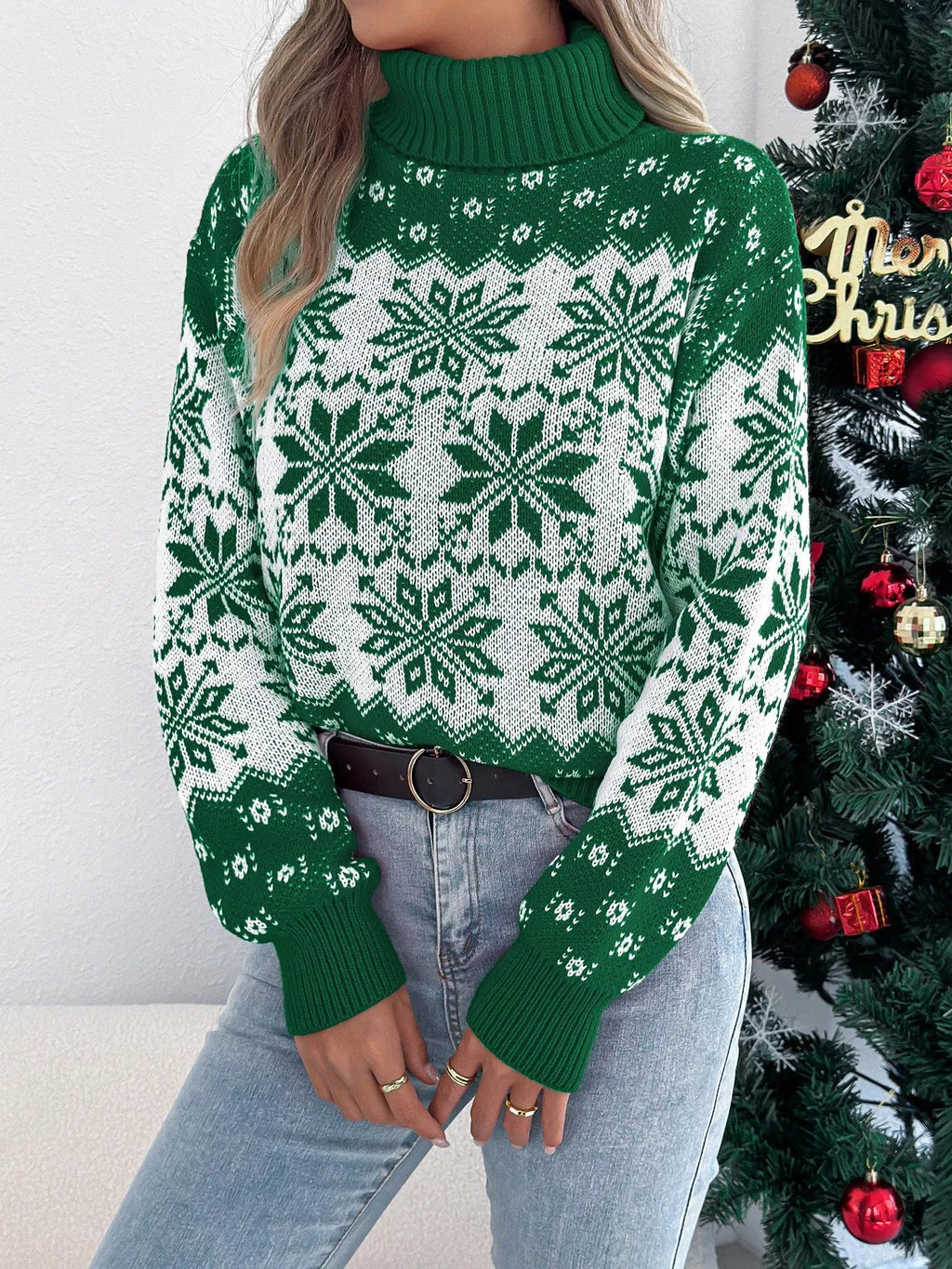 Crowned Energy CO. Green / S Trendsi Sweaters & Cardigans/Cardigans Christmas Snowflake Turtleneck Long Sleeve Sweater